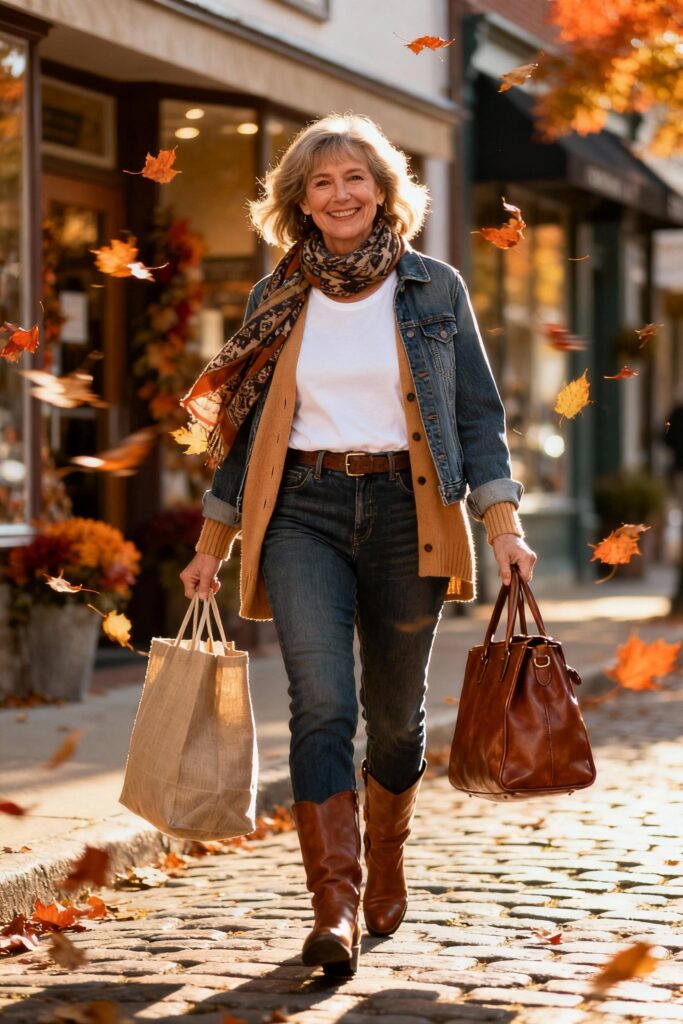 Mom in layered fall outfit walking through town with shopping bags
