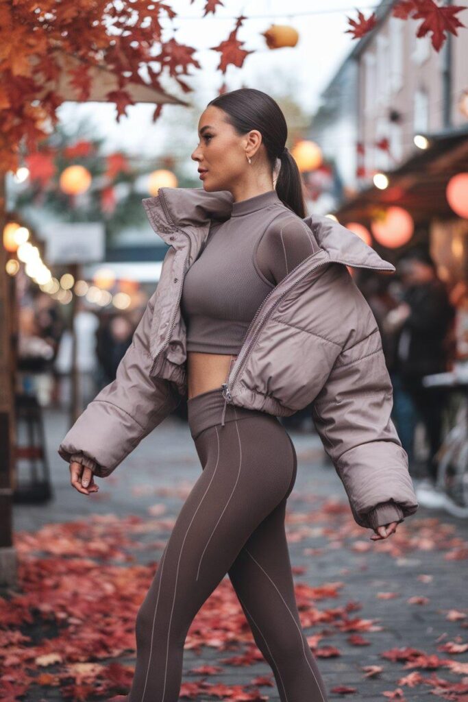 Woman in slim layered fall rave outfit with thermal tights and cropped puffer.