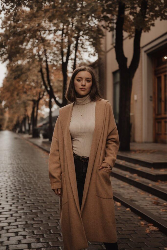 Woman layering cream turtleneck and camel coat on autumn street, cozy fall outfit