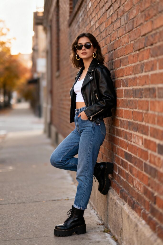 Woman in leather jacket and jeans leaning on brick wall during fall