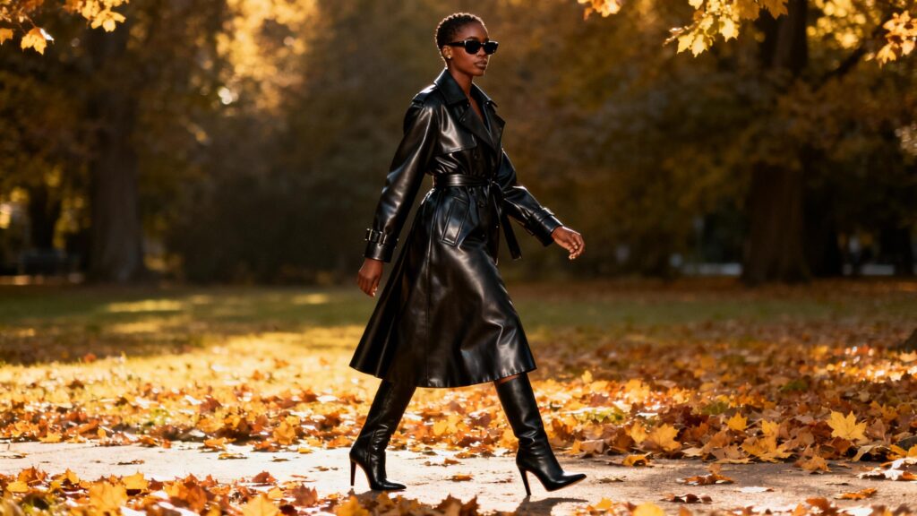 Black woman wearing black leather trench and skirt in fall sunlight