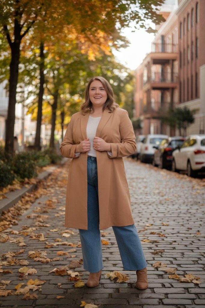 Plus size woman wearing longline blazer and jeans for fall