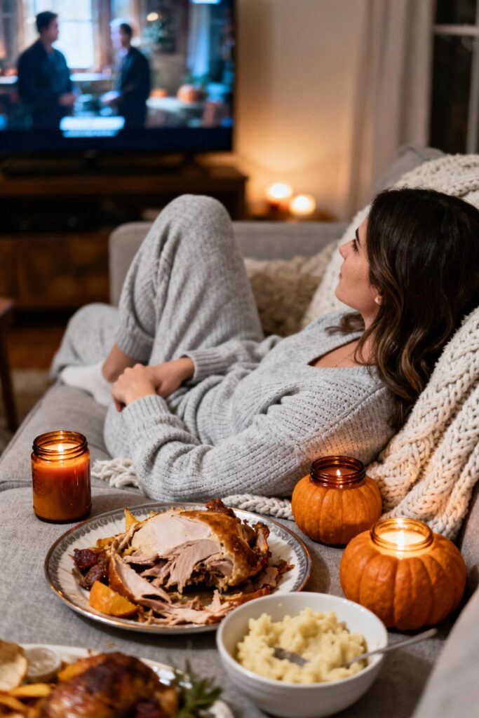 Woman in knit loungewear relaxing on sofa with Thanksgiving decor