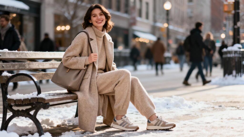 Woman wearing beige cashmere loungewear set with wool coat on winter city bench
