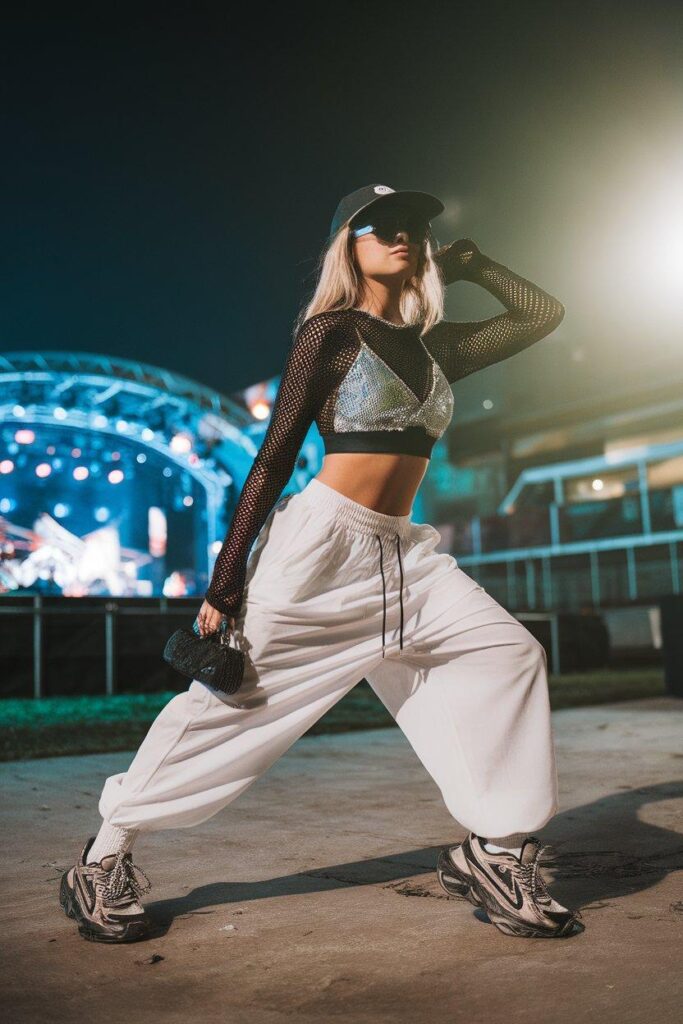 Woman wearing mesh top, sequin bralette, and parachute pants at night rave
