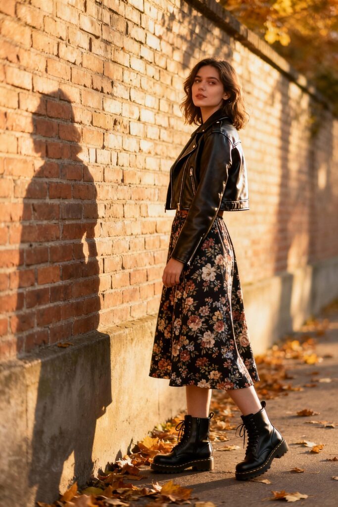 Woman wearing floral midi skirt with combat boots and leather jacket for fall outfit