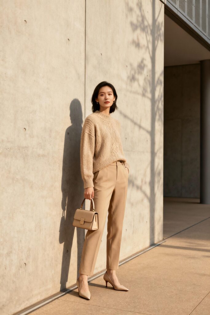 Woman wearing beige monochrome fall outfit with knit sweater and trousers