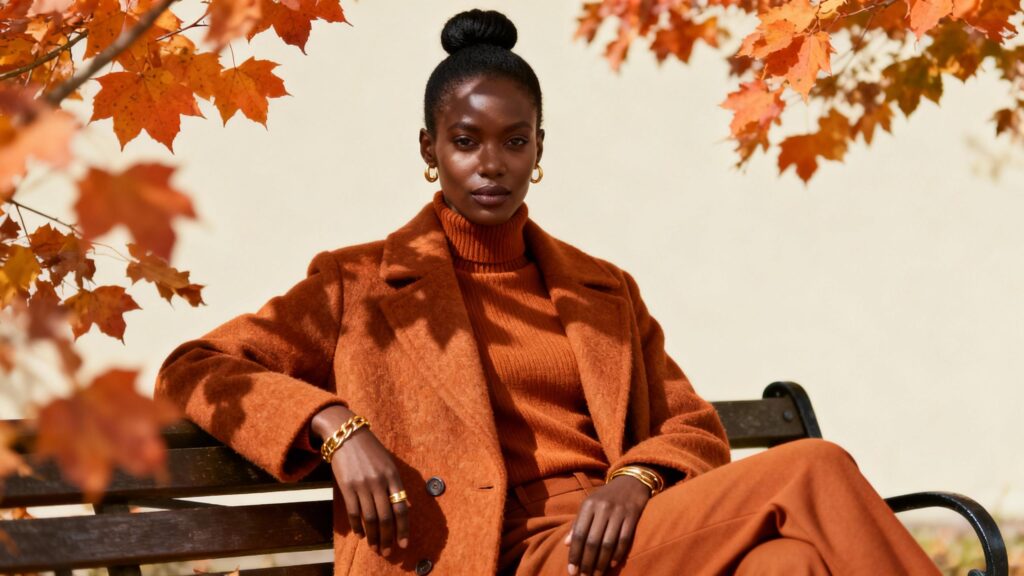 Black woman in caramel monochrome fall outfit sitting on park bench