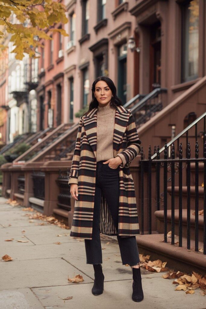 Woman in plaid statement coat on brownstone-lined Brooklyn street in fall