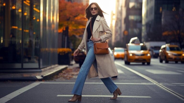 Stylish woman in beige trench coat walking across Manhattan street in fall