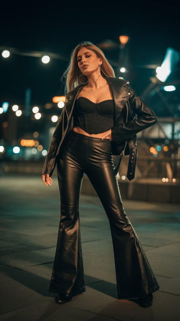 Night-out flare leggings outfit with corset top and leather jacket