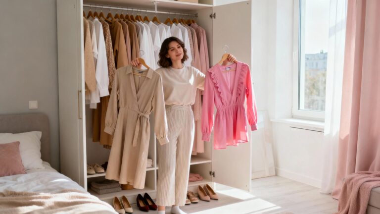 Woman standing in front of her open closet choosing between two outfits in a bright modern bedroom