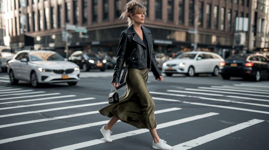 Woman in black leather jacket and satin midi skirt crossing NYC street