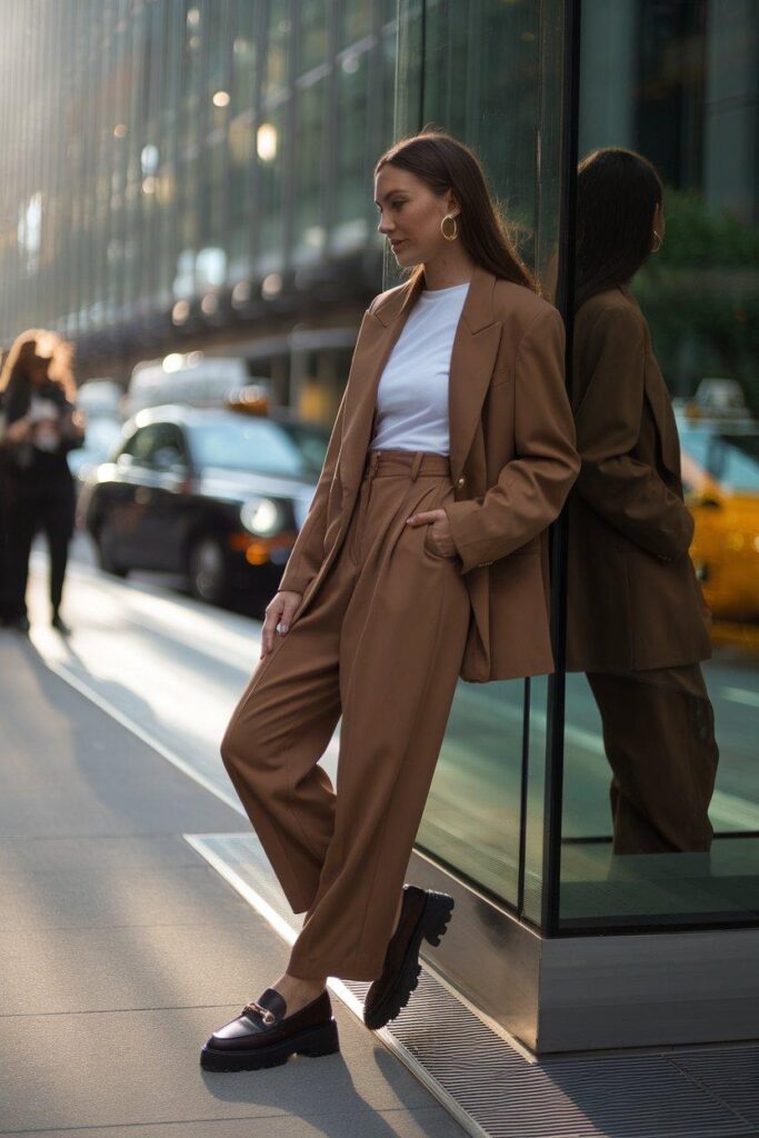 Woman wearing oversized camel blazer and trousers in downtown Manhattan