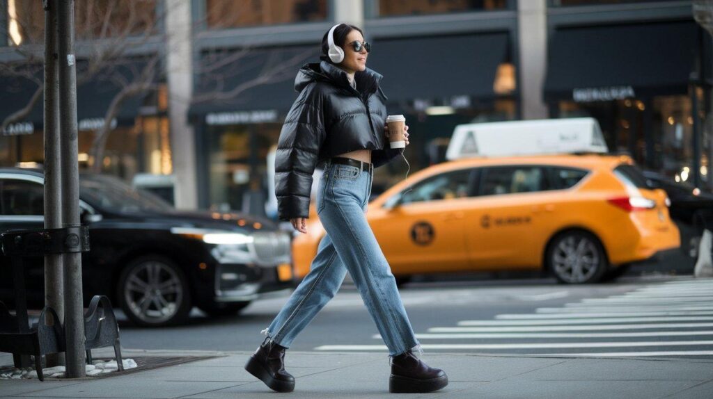 Woman in cropped black puffer jacket and jeans walking on NYC street