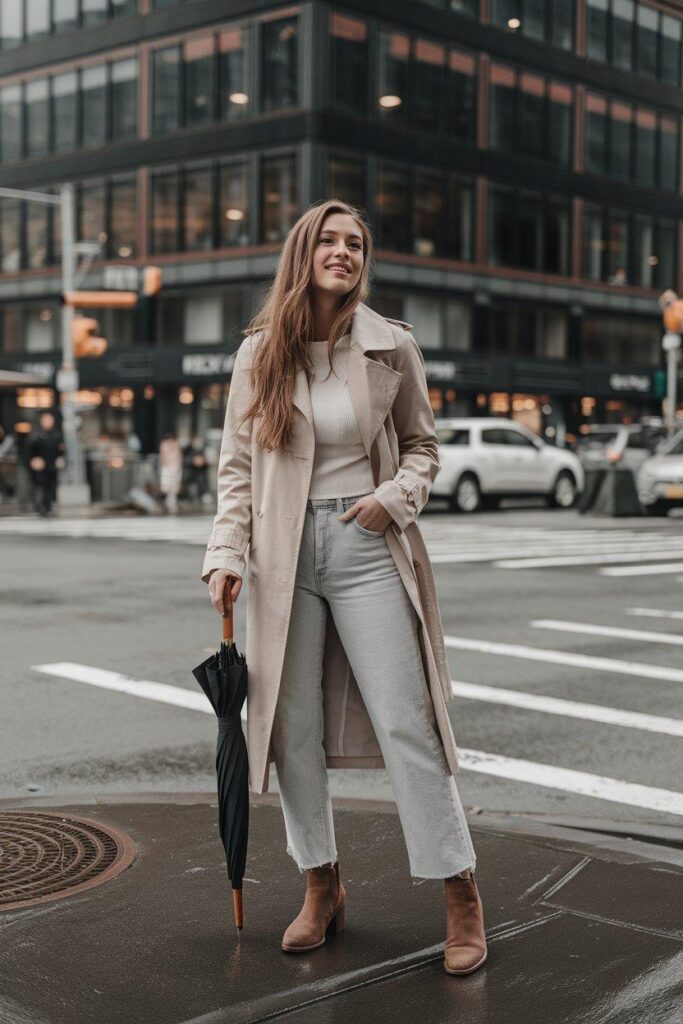 Woman in beige trench coat and jeans on NYC street corner in fall