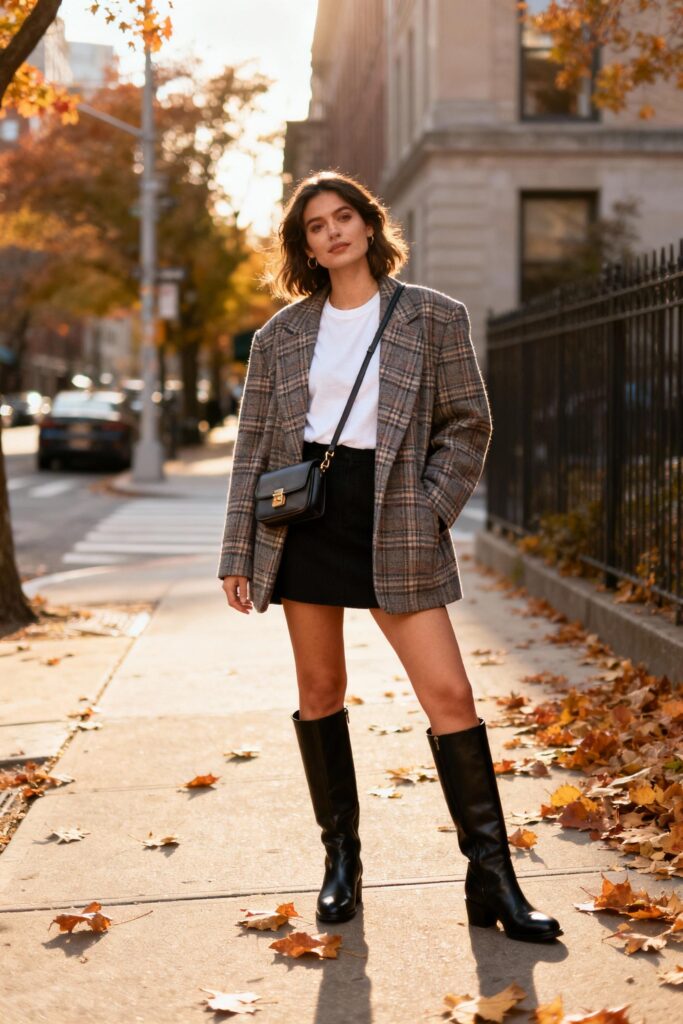 Woman wearing oversized plaid blazer and mini skirt for fall street style look