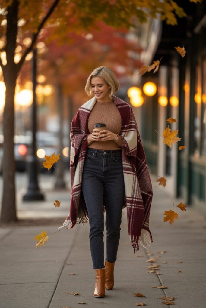 Woman in oversized scarf and sweater holding coffee in fall street