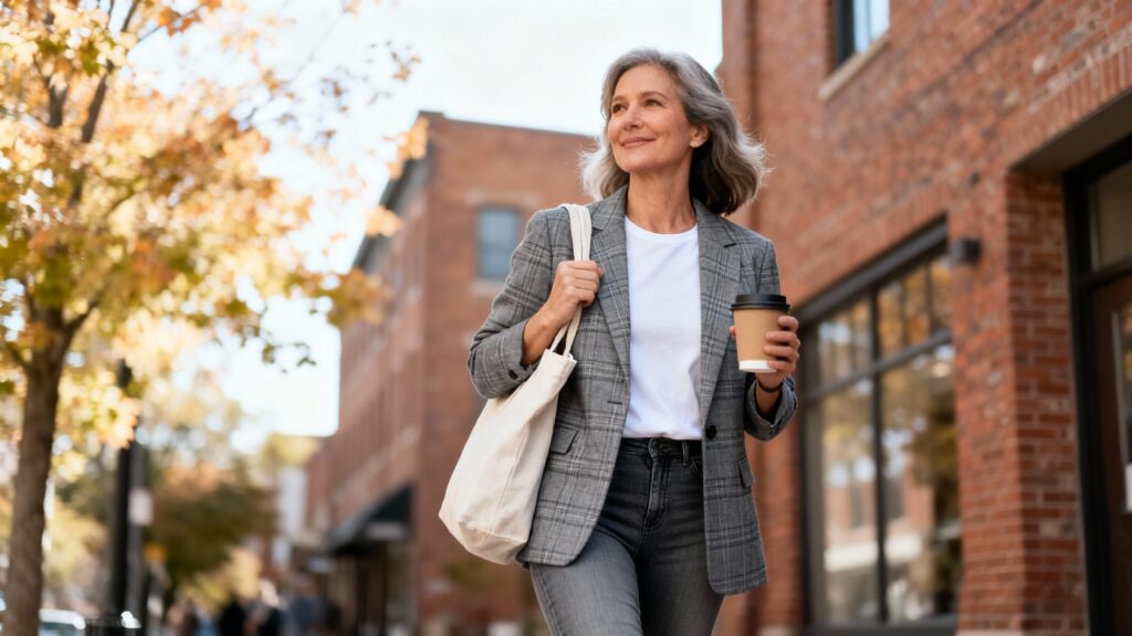 Mom in plaid blazer and jeans walking downtown in fall