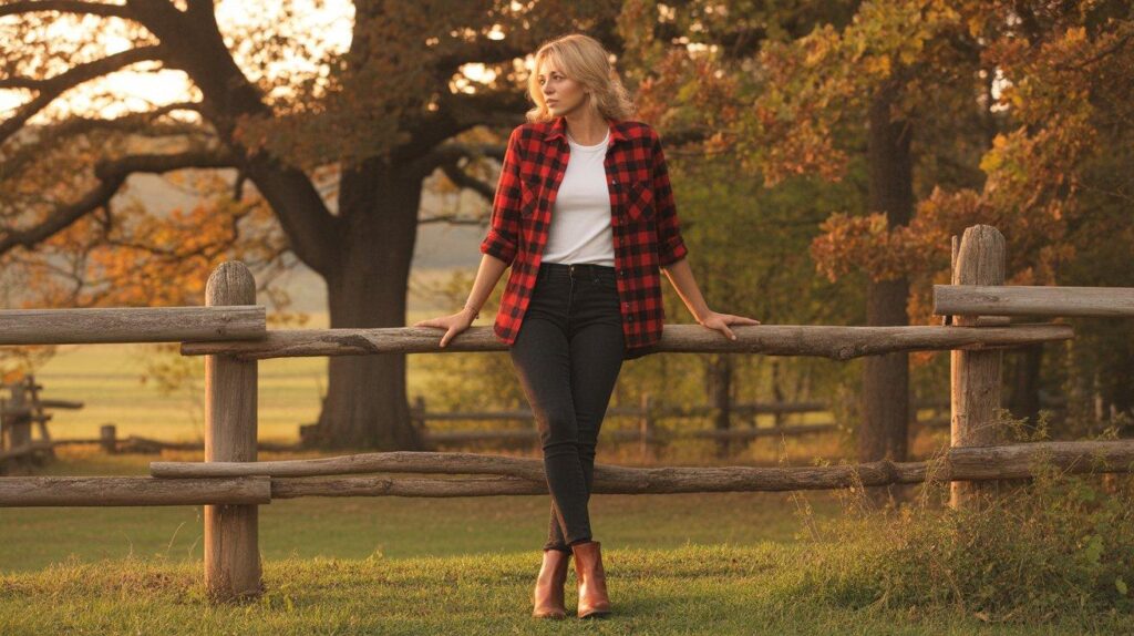 Woman in plaid flannel shirt and jeans standing in autumn countryside