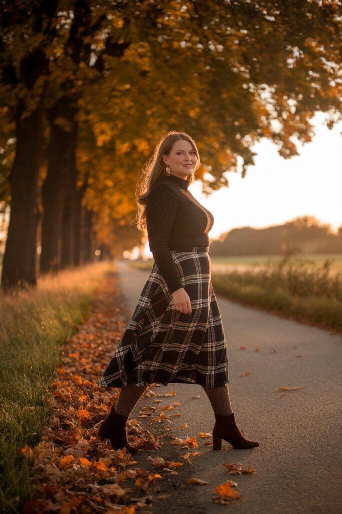 Plus size woman in plaid midi skirt with cozy tights and booties