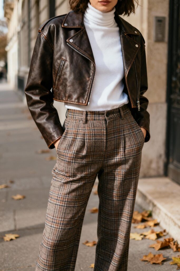 Person wearing plaid trousers and leather jacket in city fall outfit.