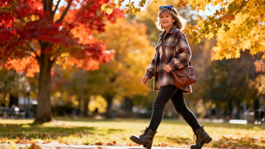 Mom in plaid shacket and jeans walking through autumn park
