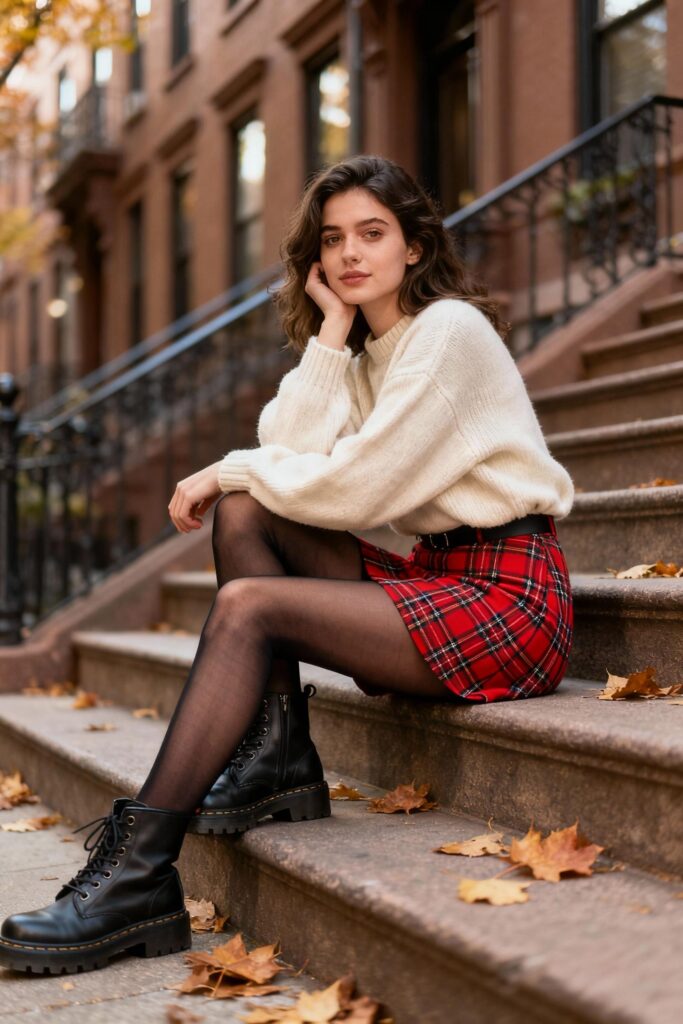Woman wearing plaid mini skirt and oversized sweater on fall steps