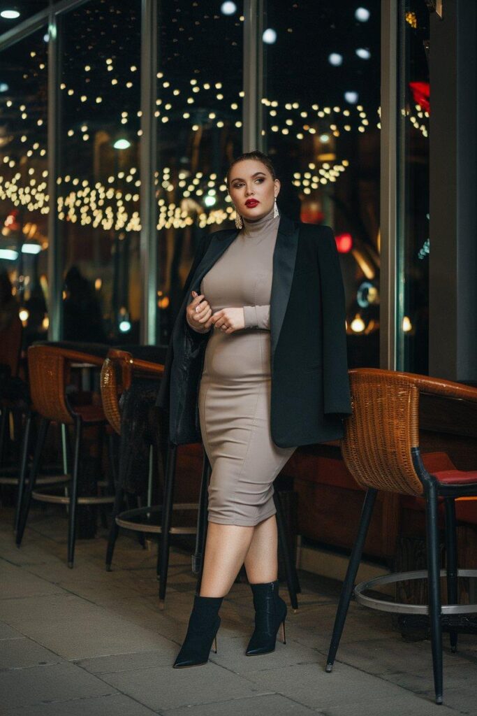 Plus size woman in bodycon dress and blazer winter date night look