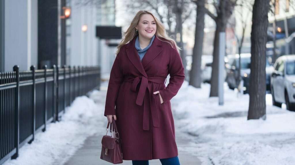 Plus size woman in belted burgundy wool coat winter outfit