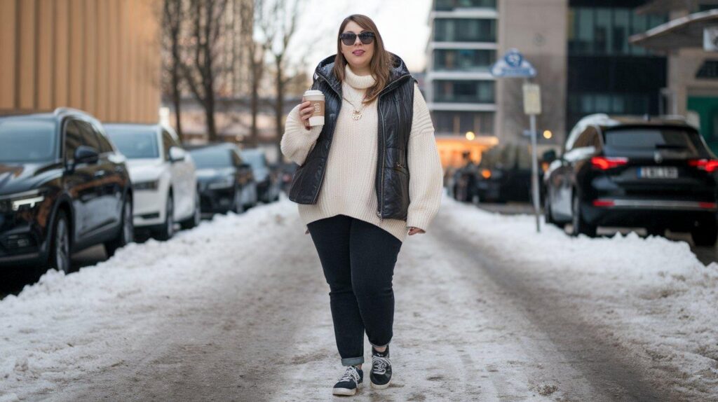 Plus size woman in oversized sweater and puffer vest winter casual outfit