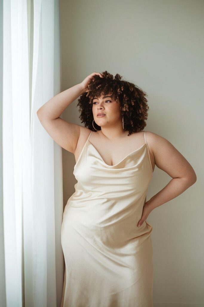 Plus size woman in champagne satin slip prom dress standing by window