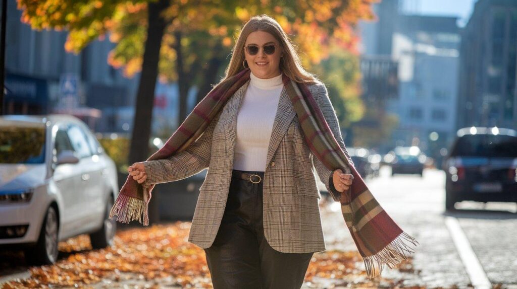 Plus size woman in three-piece layered fall outfit with blazer and scarf