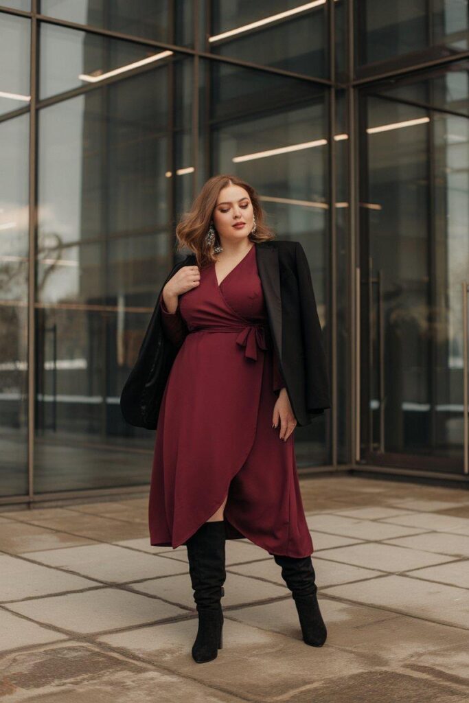 Plus size woman in burgundy wrap dress and blazer office winter outfit