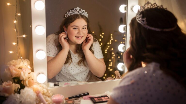 Plus size teen getting ready for prom wearing a tiara and smiling at mirror