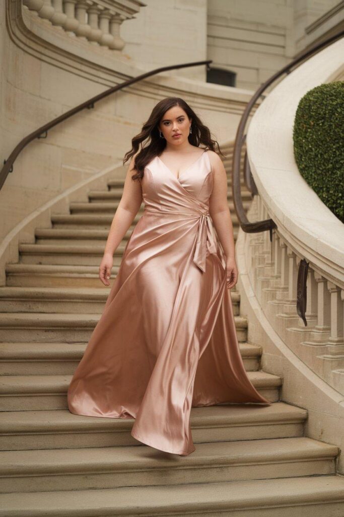 Plus size woman in rose gold satin wrap prom dress walking elegantly