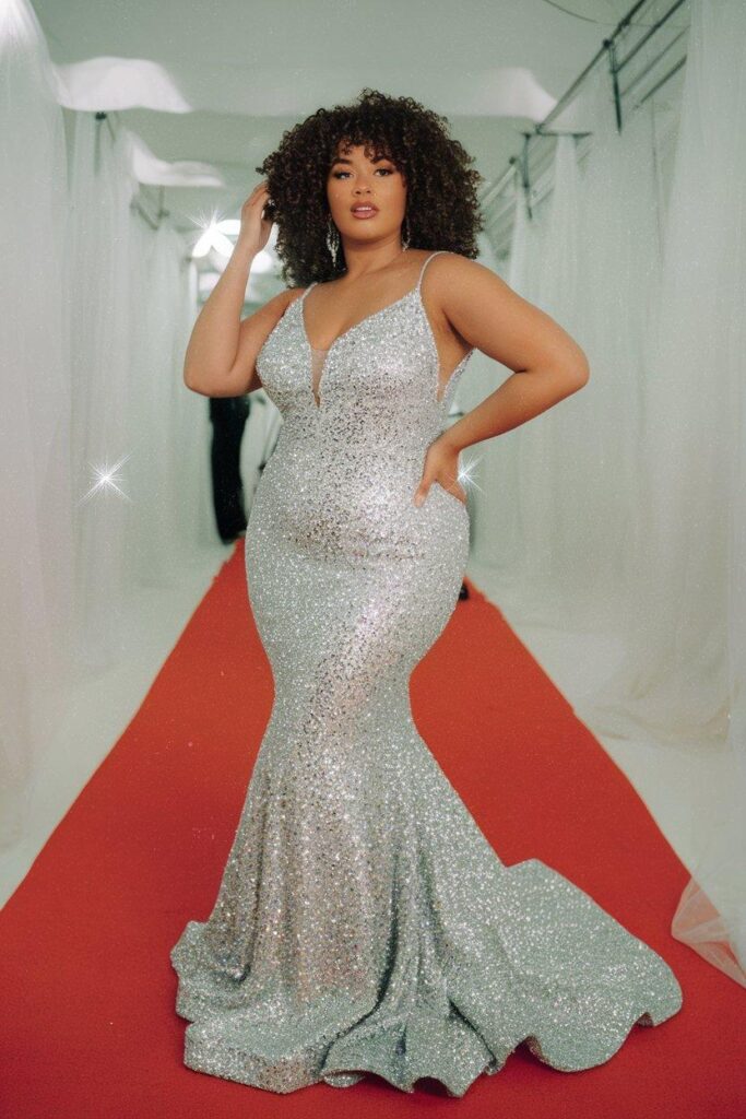 Plus size woman in silver sequin mermaid prom dress posing confidently