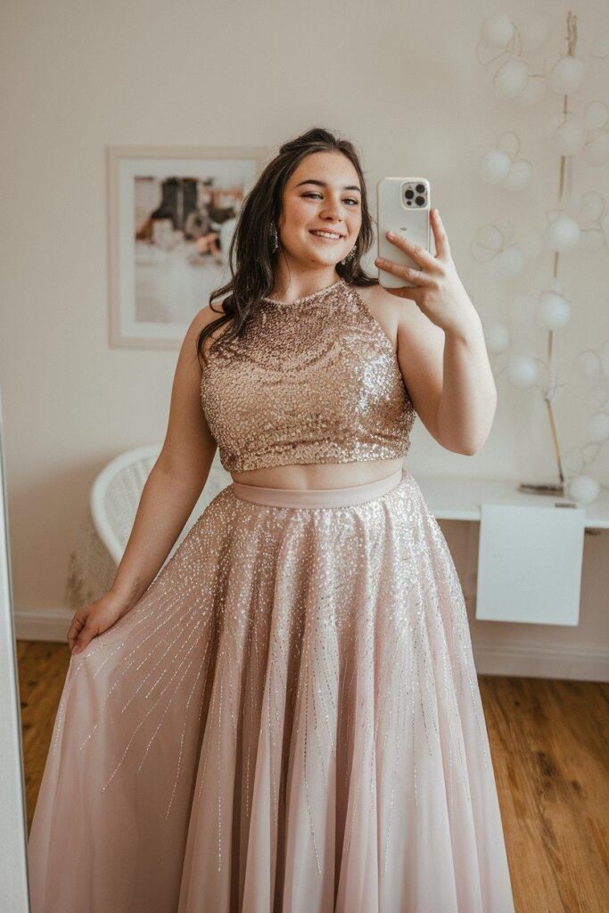 Plus size teen wearing sequined two-piece prom outfit taking mirror selfie