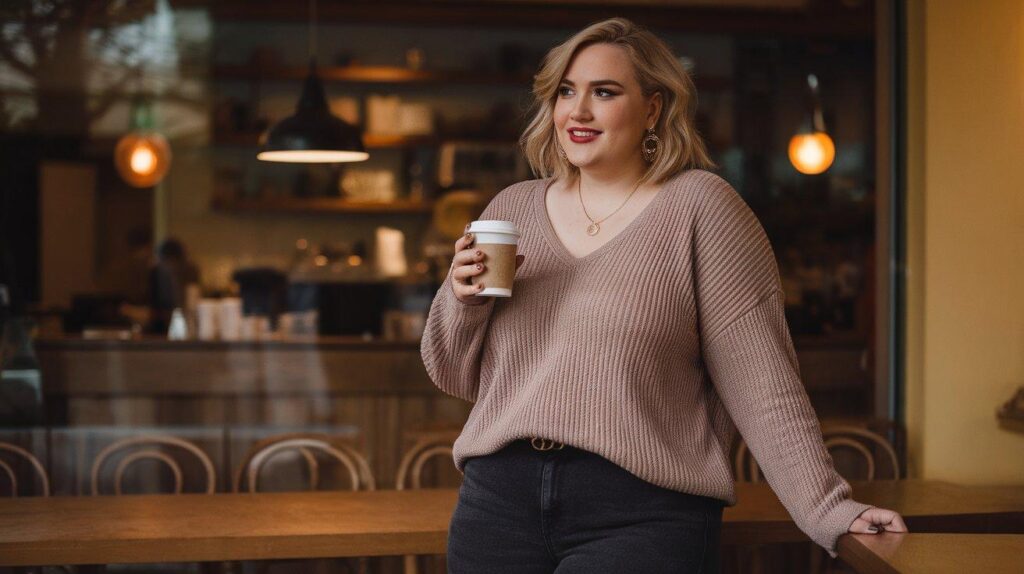 Plus size woman in ribbed V-neck sweater and jeans at winter cafe