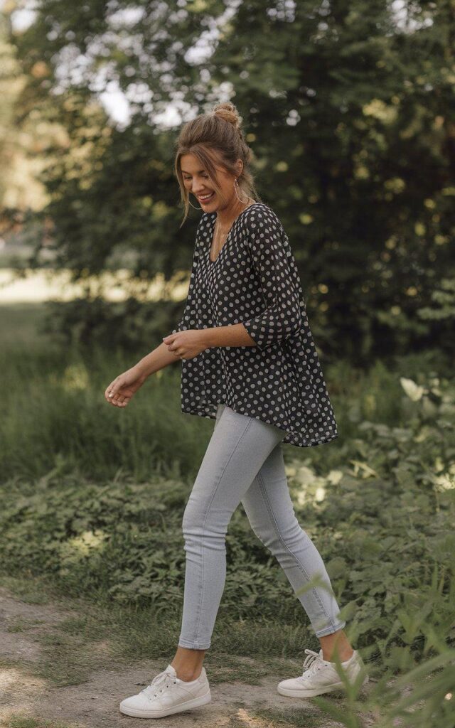Polka dot blouse with light-wash jeans and sneakers styled for casual day out