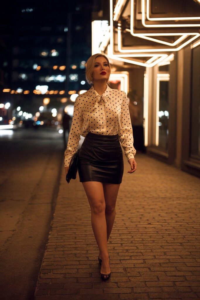 Polka dot blouse styled with leather skirt and heels for date night