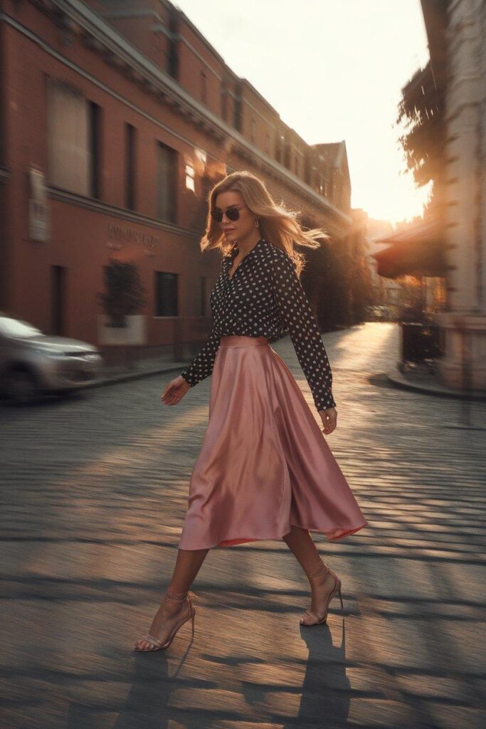 Polka dot blouse styled with satin midi skirt and heels for chic outfit