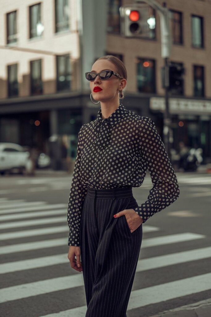 Polka dot blouse styled with striped trousers for bold mixed print outfit