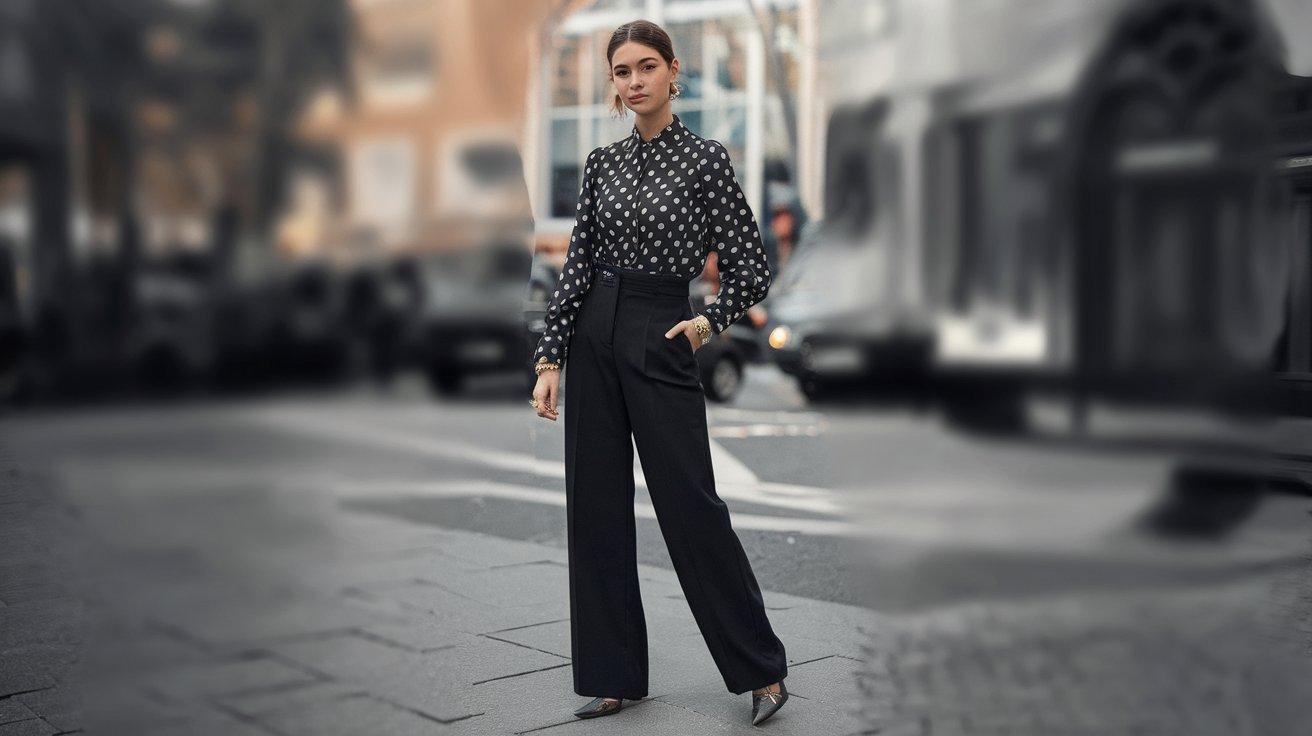 Woman in black-and-white polka dot blouse styled with wide-leg trousers on city street
