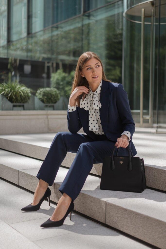 Polka dot blouse styled under navy suit for modern office look