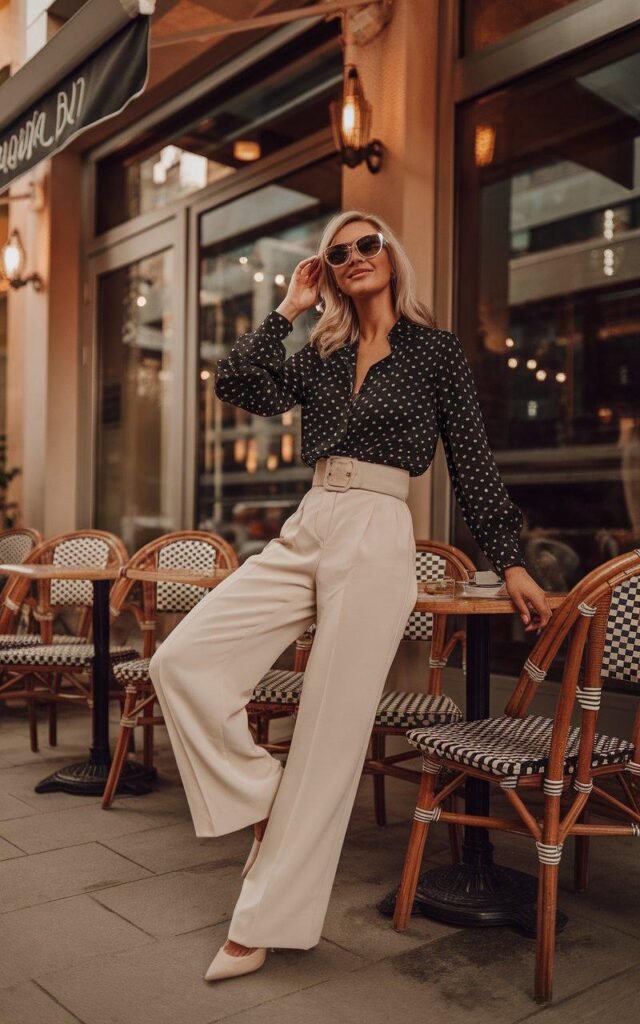 Silky polka dot blouse styled with cream wide-leg trousers for chic look