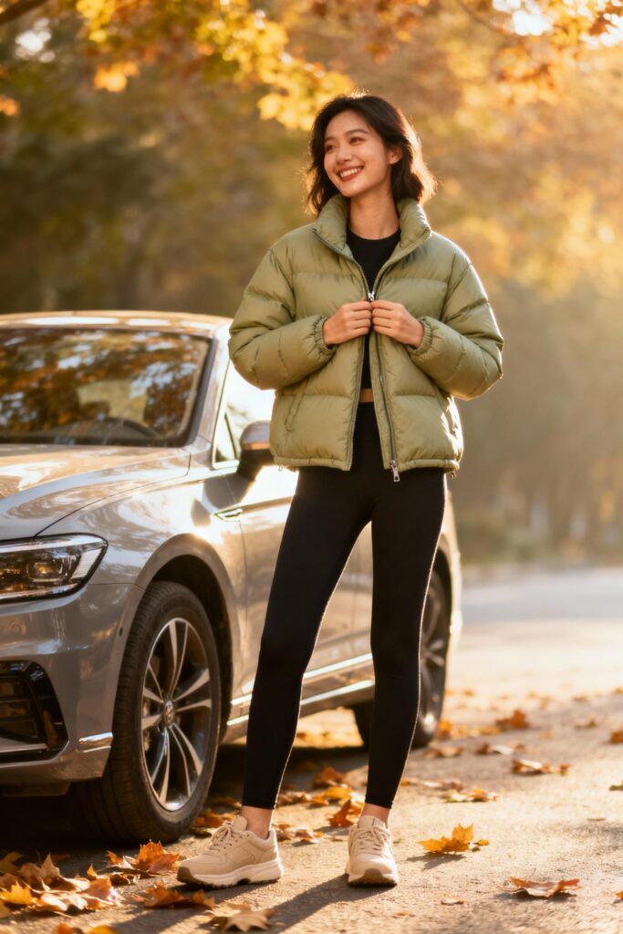 Mom in olive puffer jacket and leggings smiling on fall morning