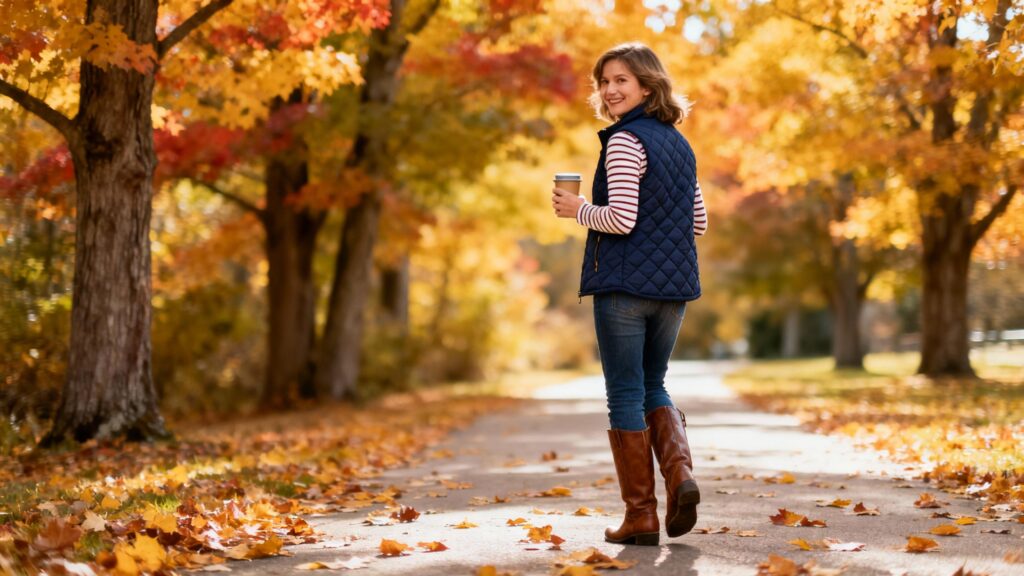 Mom in navy quilted vest and boots walking through autumn park