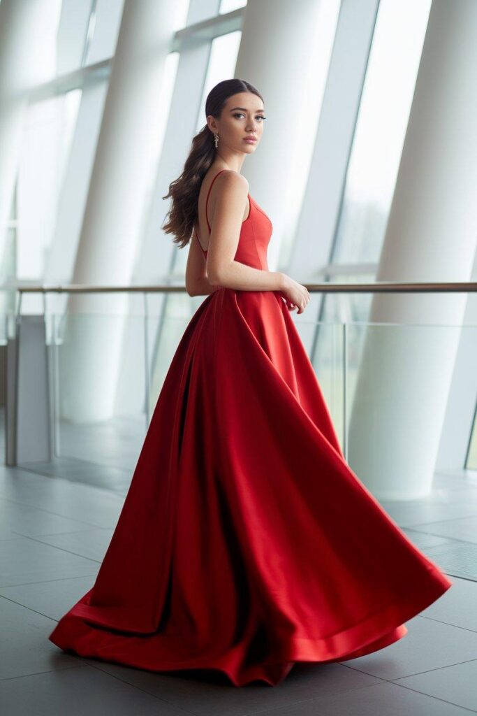 Classic red A-line prom dress with flowing skirt in natural window light