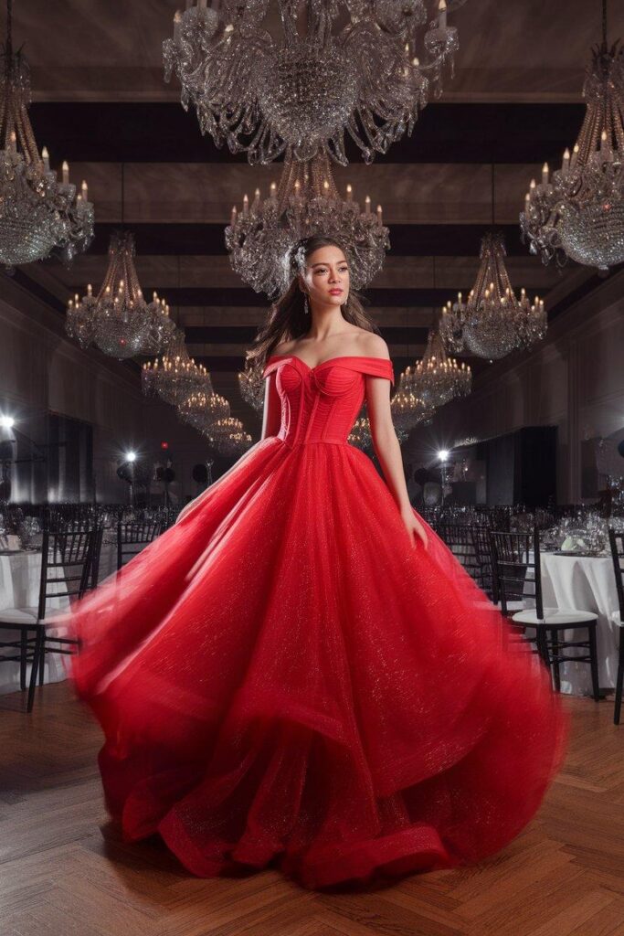 Red tulle ball gown with off-shoulder neckline in elegant ballroom setting